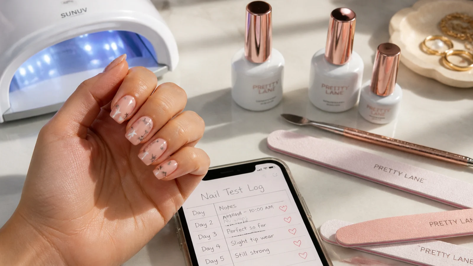 Nail testing setup with a UV lamp, gel bottles, files and a phone note tracking days worn