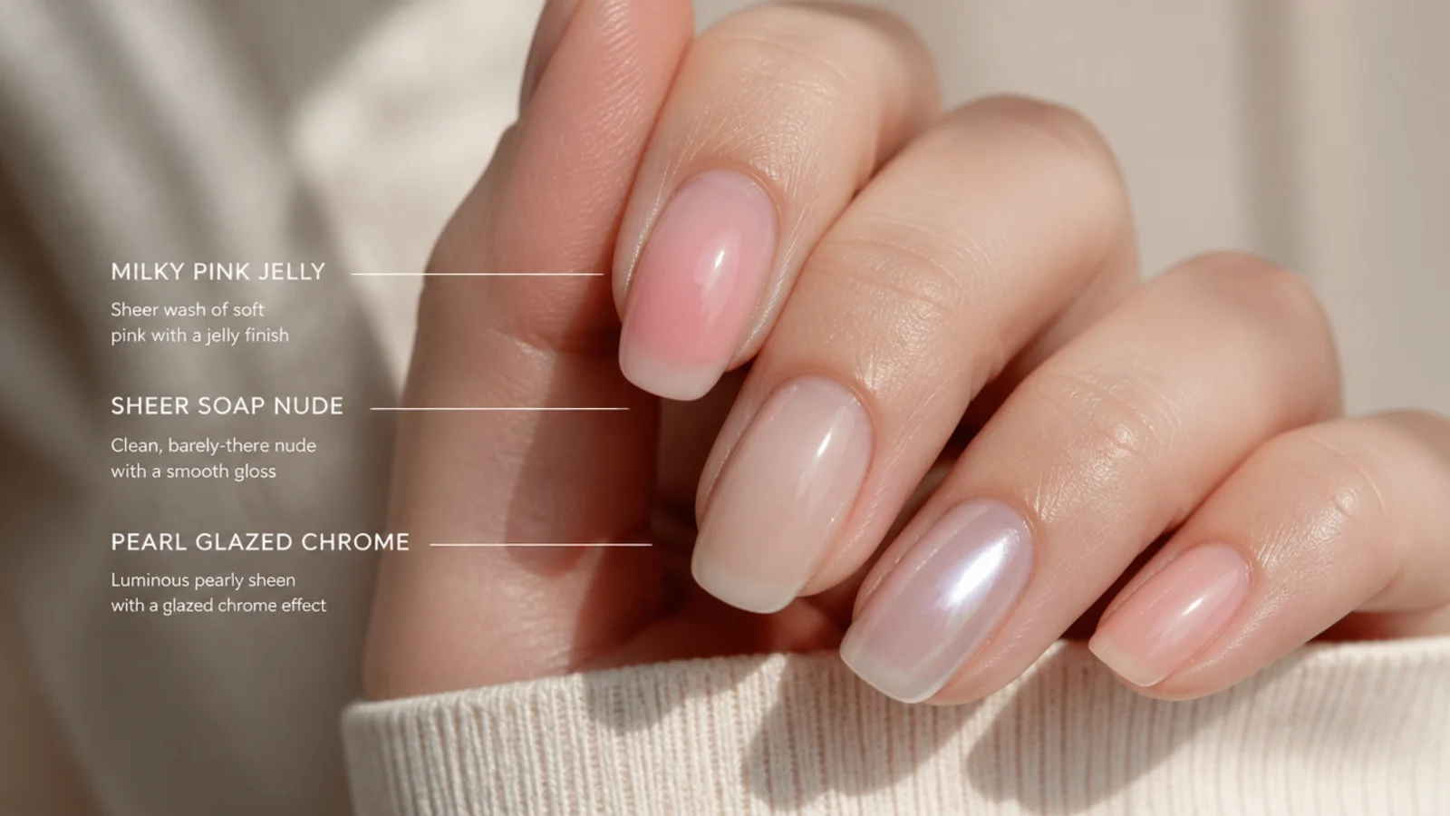 Three long-wearing nail finishes compared, milky pink jelly, sheer soap nude and pearl glazed chrome