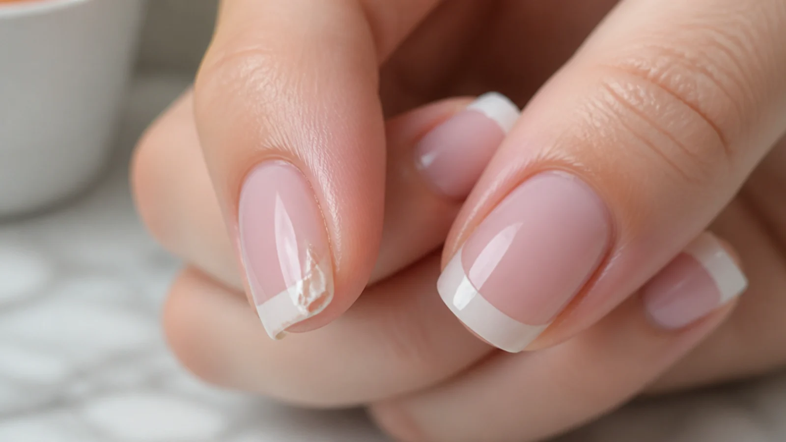 Close-up of a chipped nail tip and a lifted sidewall showing where manicures fail first