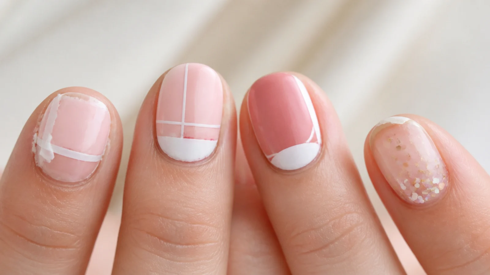 Four failed nail designs shown side by side including bled tape edges and lifting confetti glitter