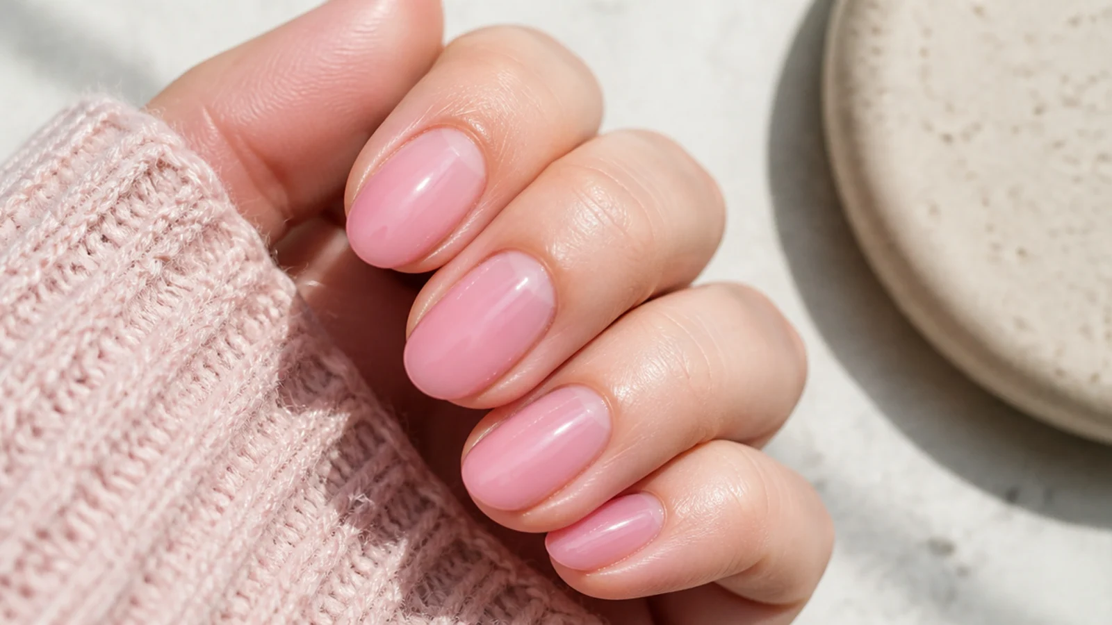 Strawberry milk manicure on oval nails with a warm pink milky jelly finish
