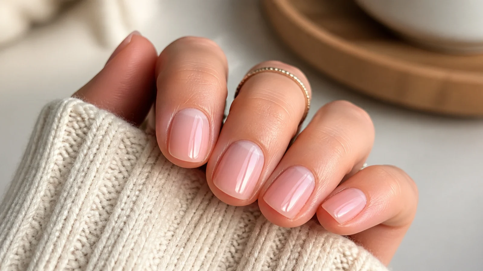 Sheer blush pink nails on short round tips with the natural nail visible through the polish