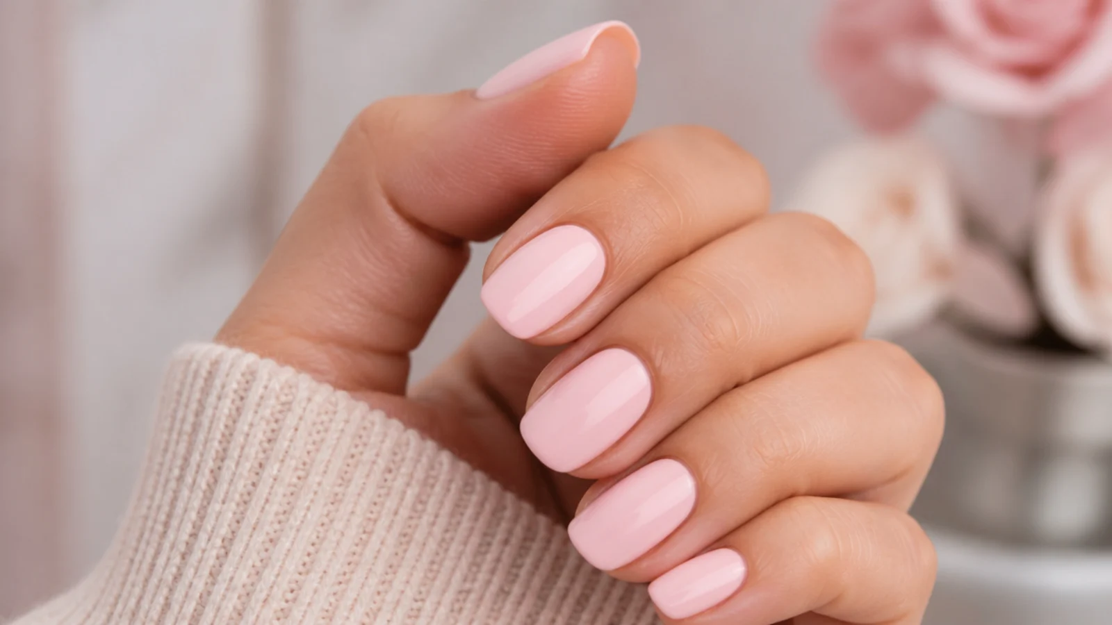 Ballet slipper pink nails in a soft opaque cool pink on medium oval nails