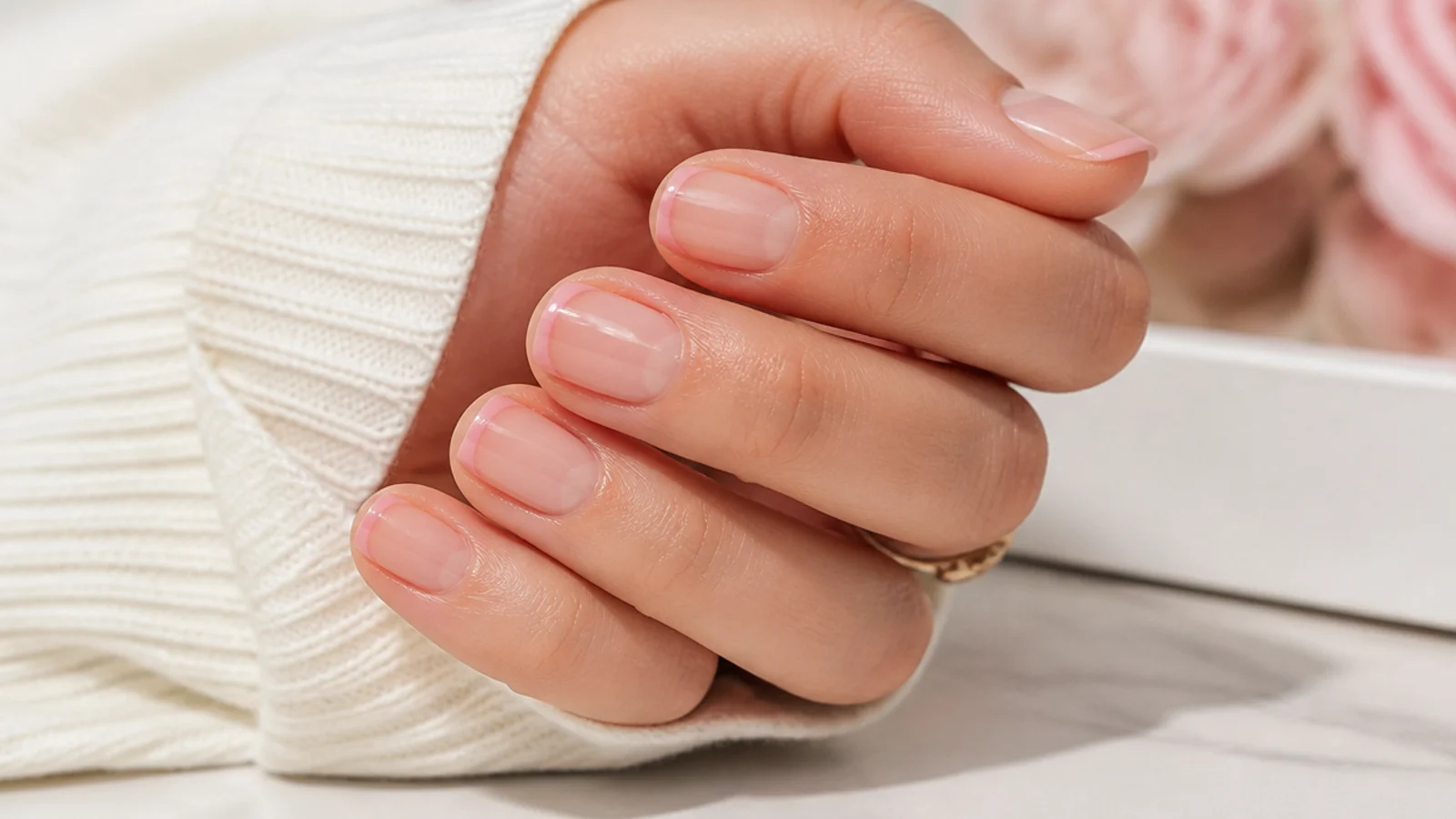 Short nails with a hairline pink micro French tip painted along the free edge on a bare base