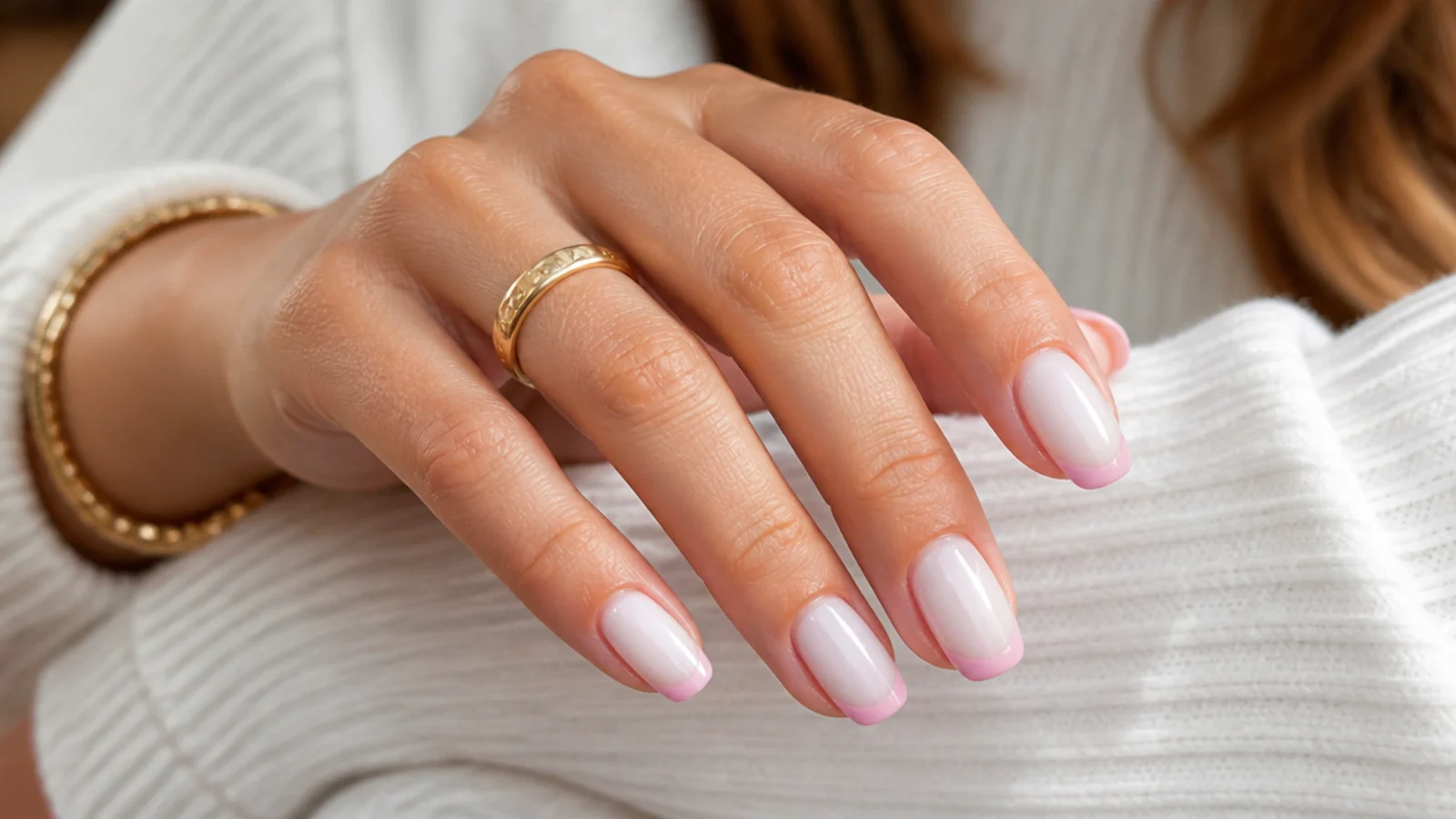 Milky white base nails with soft pink French tips and a rounded smile line