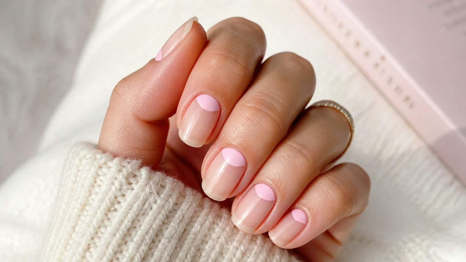 Reverse French nails with a pink half moon of color at the cuticle over a bare nail