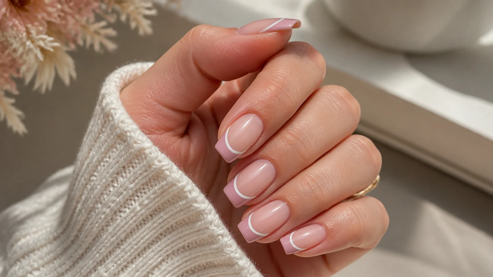 Double French nails with a thin white line above a wider dusty pink tip on a nude base