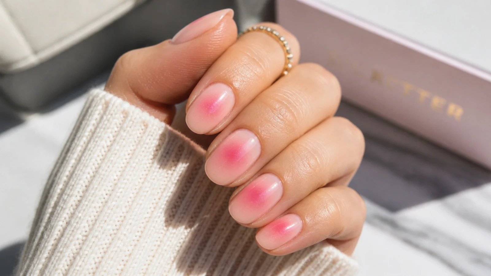Pink aura nails with a glowing pink halo airbrushed into the center of a pale nude base