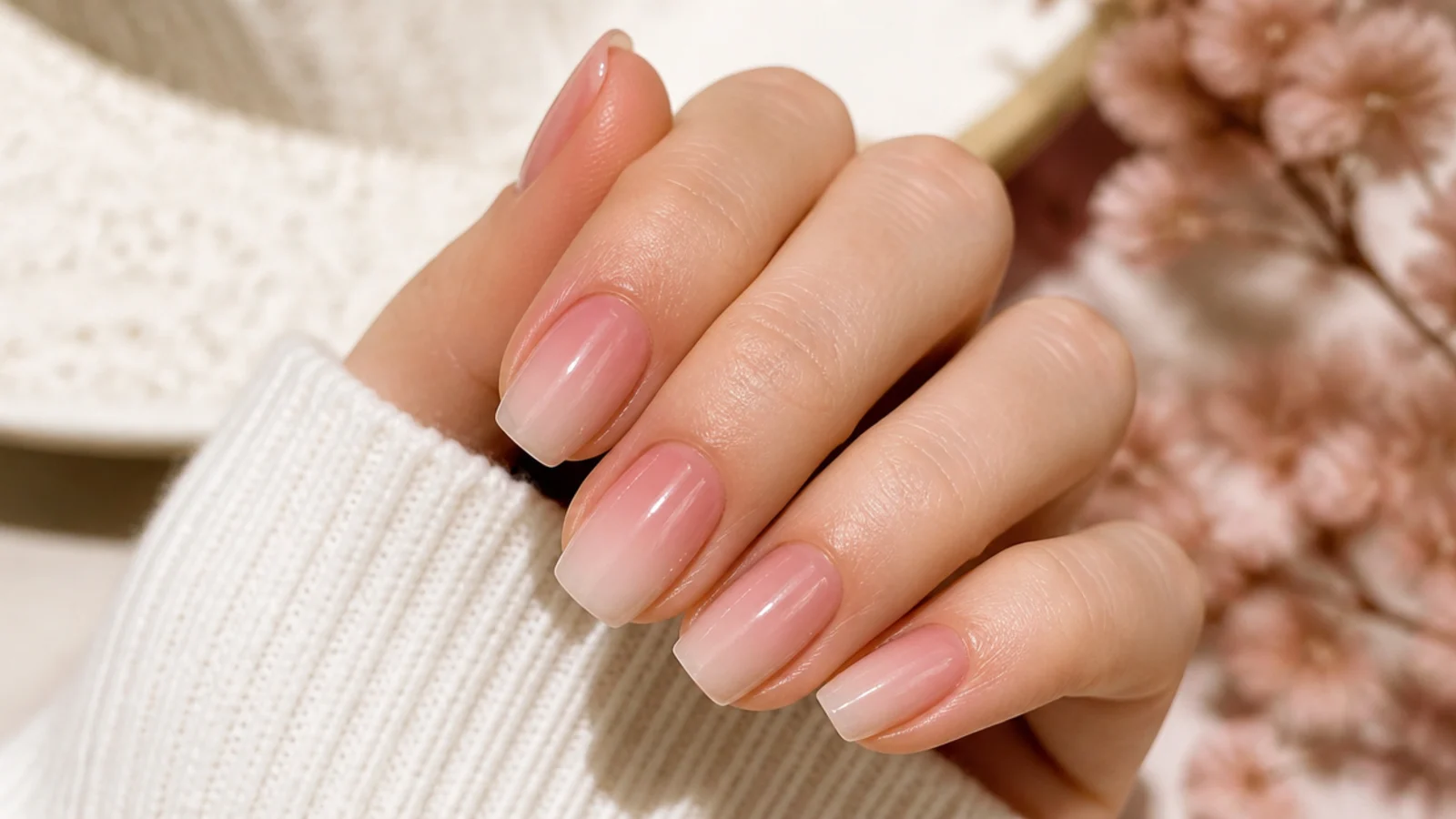Pink to clear gradient nails fading from soft pink at the cuticle to bare at the tip