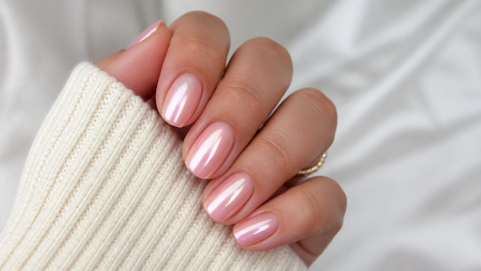 Pink glazed donut nails with a pearl chrome sheen shifting over a milky pink base