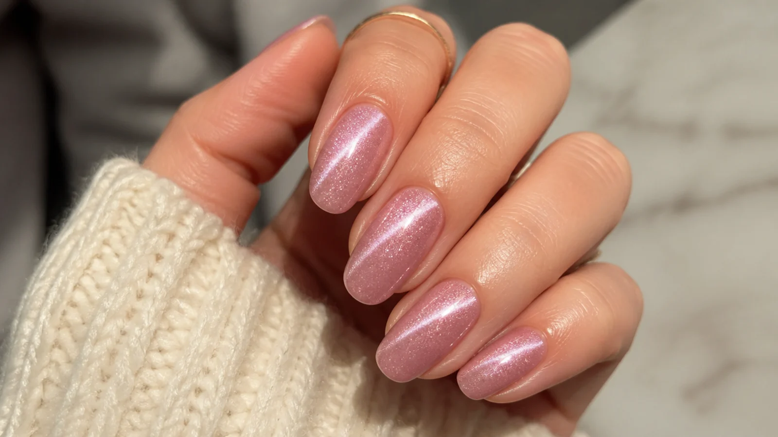 Pink cat eye nails with a magnetic shimmer stripe pulled diagonally across each nail
