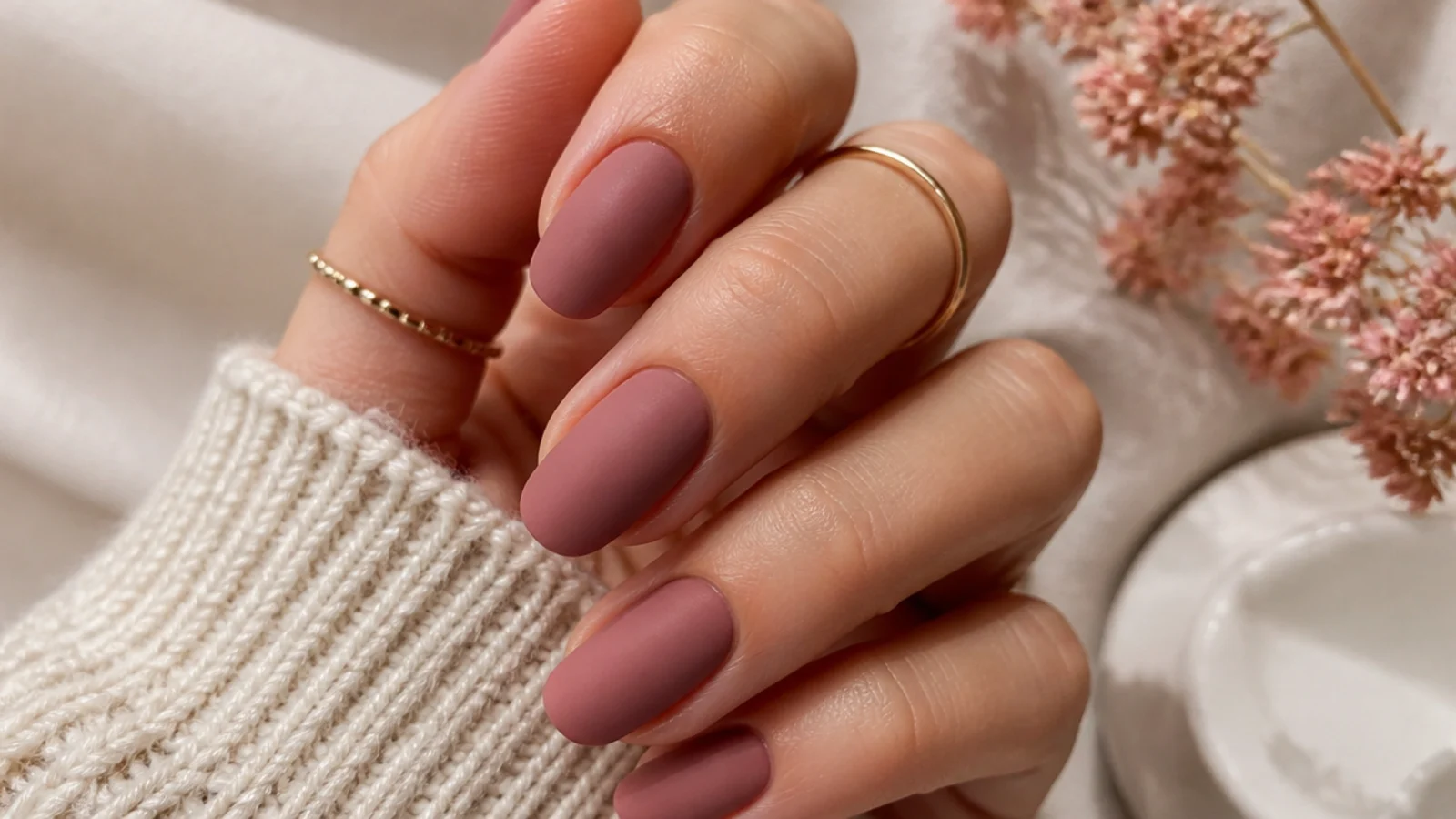 Matte dusty rose nails in a muted mauve pink with a soft velvet flat finish