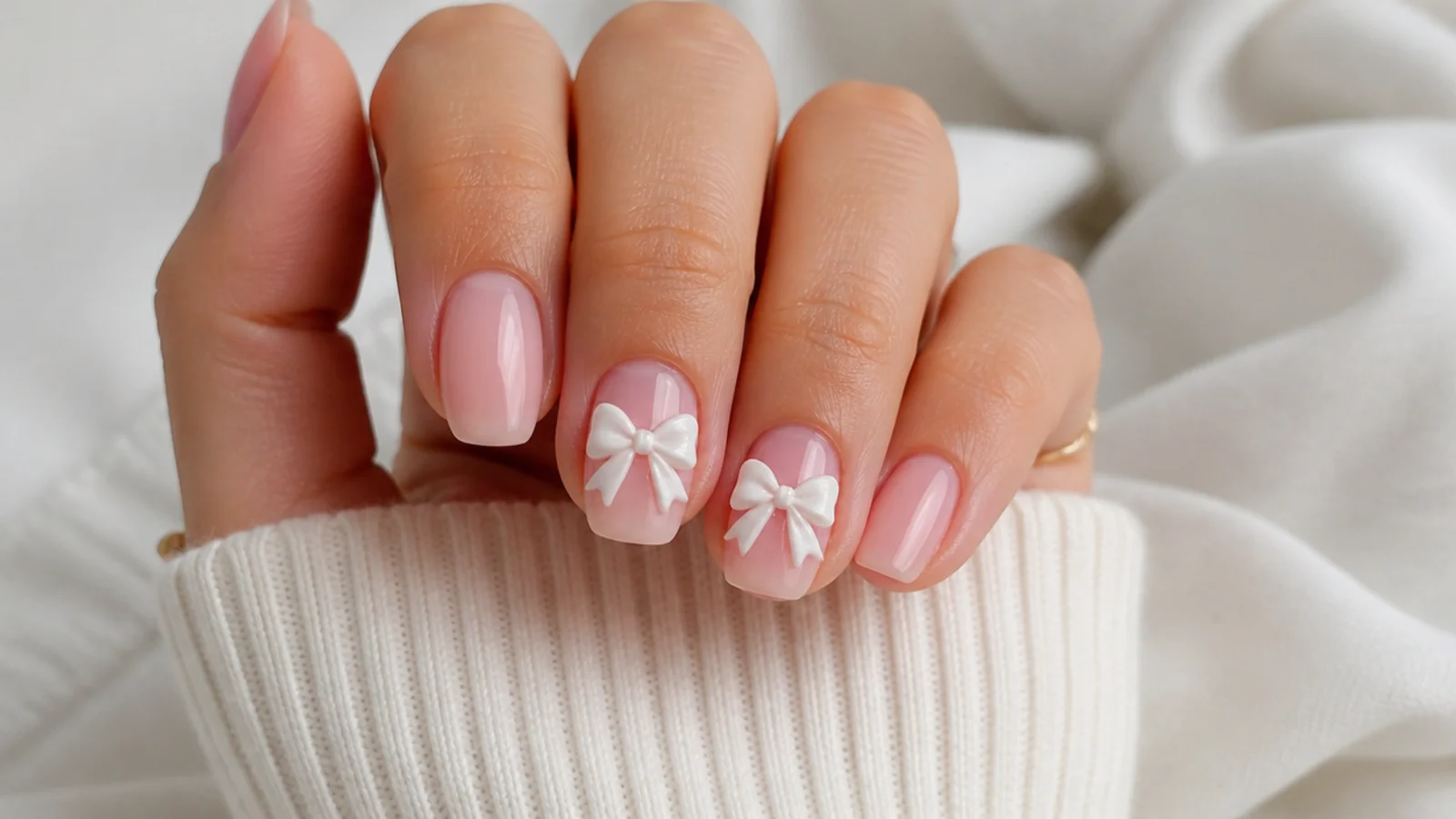 Soft pink nails with tiny sculpted white 3D gel bows on two accent nails