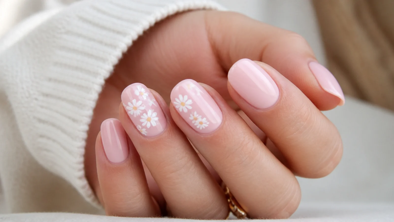 Pale pink nails with tiny hand-painted white daisies and yellow centers scattered on two nails