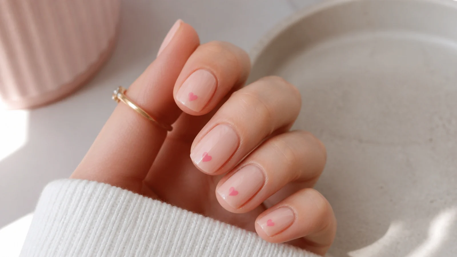 Nails with a small pink heart painted at the free edge of each nail on a sheer nude base