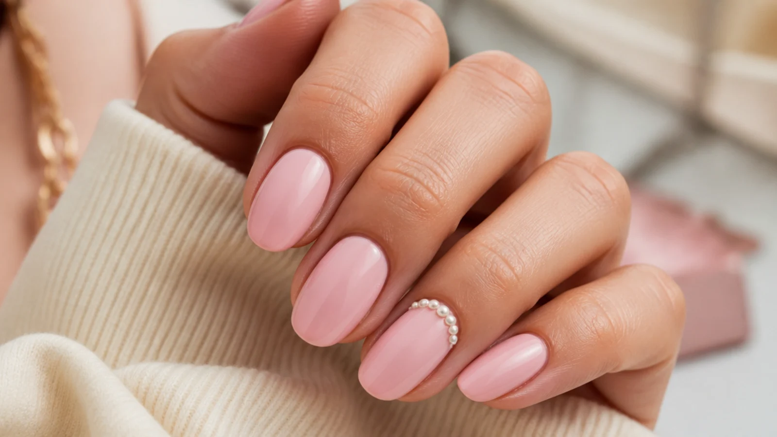 Blush pink nails with tiny cream pearl beads set along the cuticle line of one accent nail