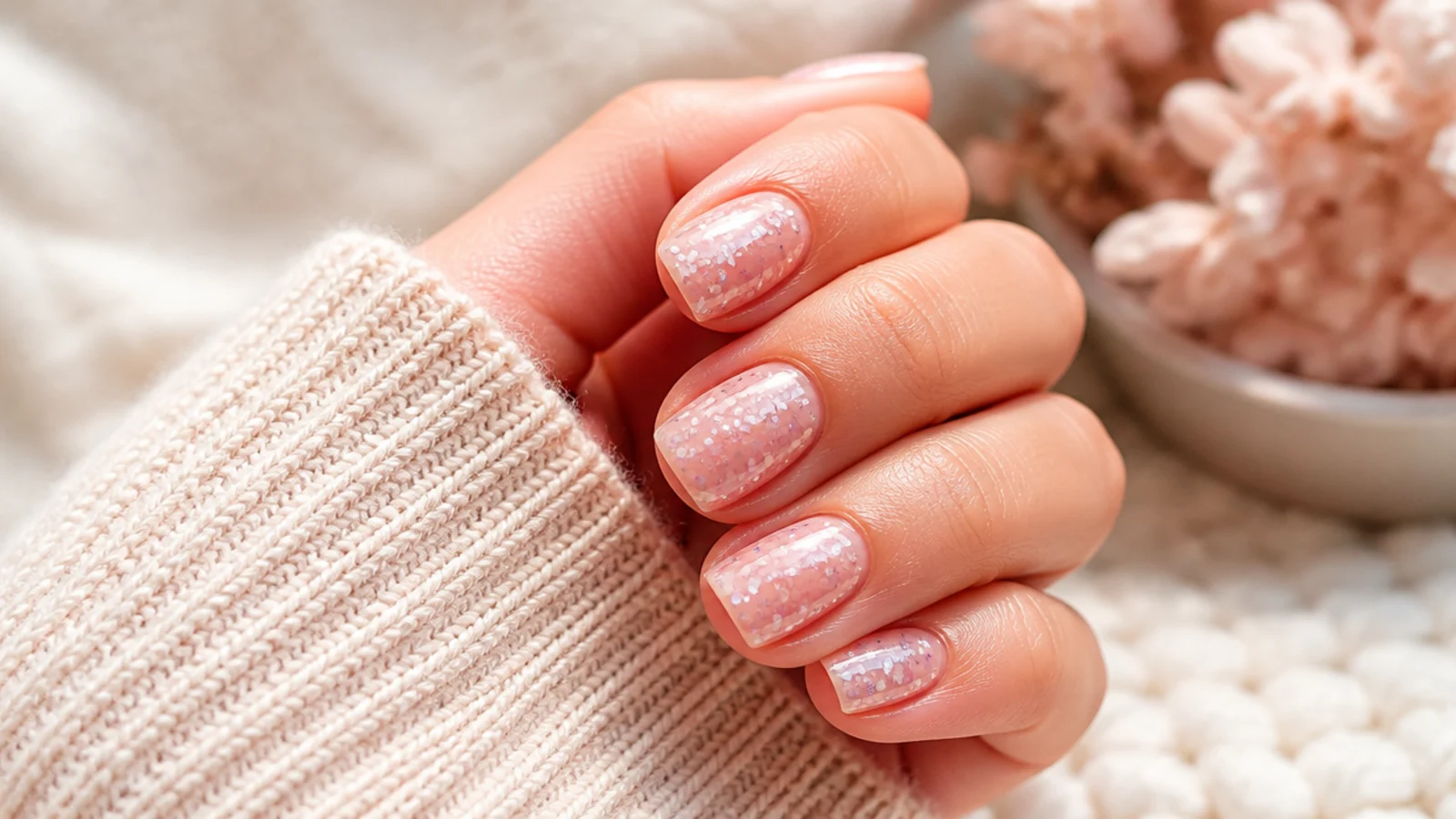 Sheer pink nails scattered with pink and white confetti glitter flakes under a smooth top coat