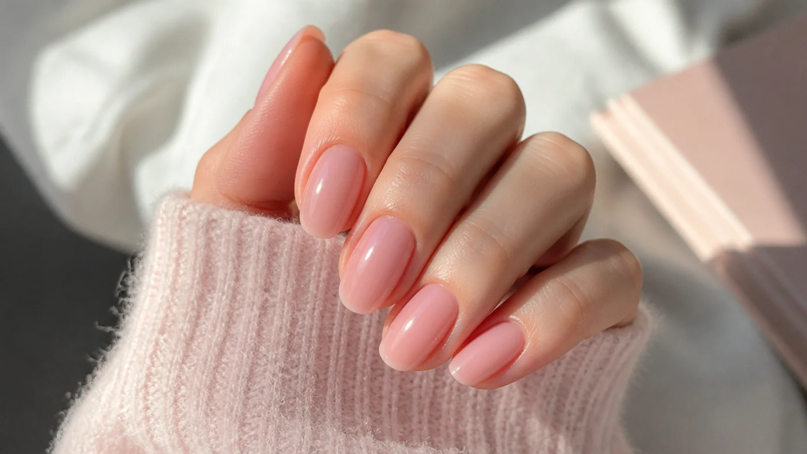 Short almond nails in milky strawberry pink with a glossy soft girl finish
