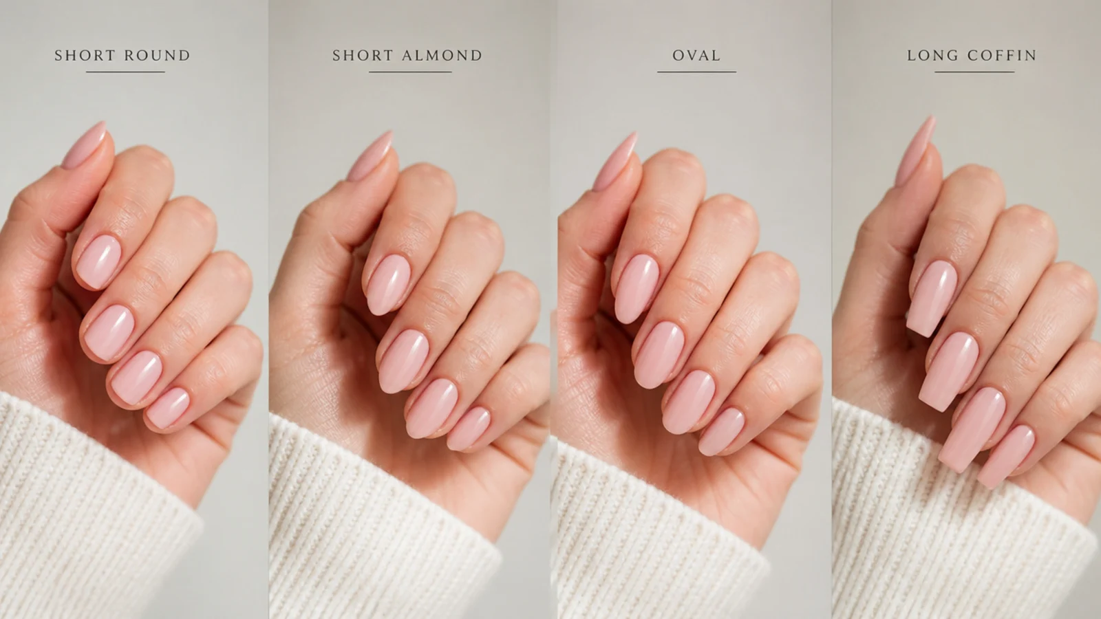Four hands showing soft pink polish on short round, short almond, oval and long coffin nails