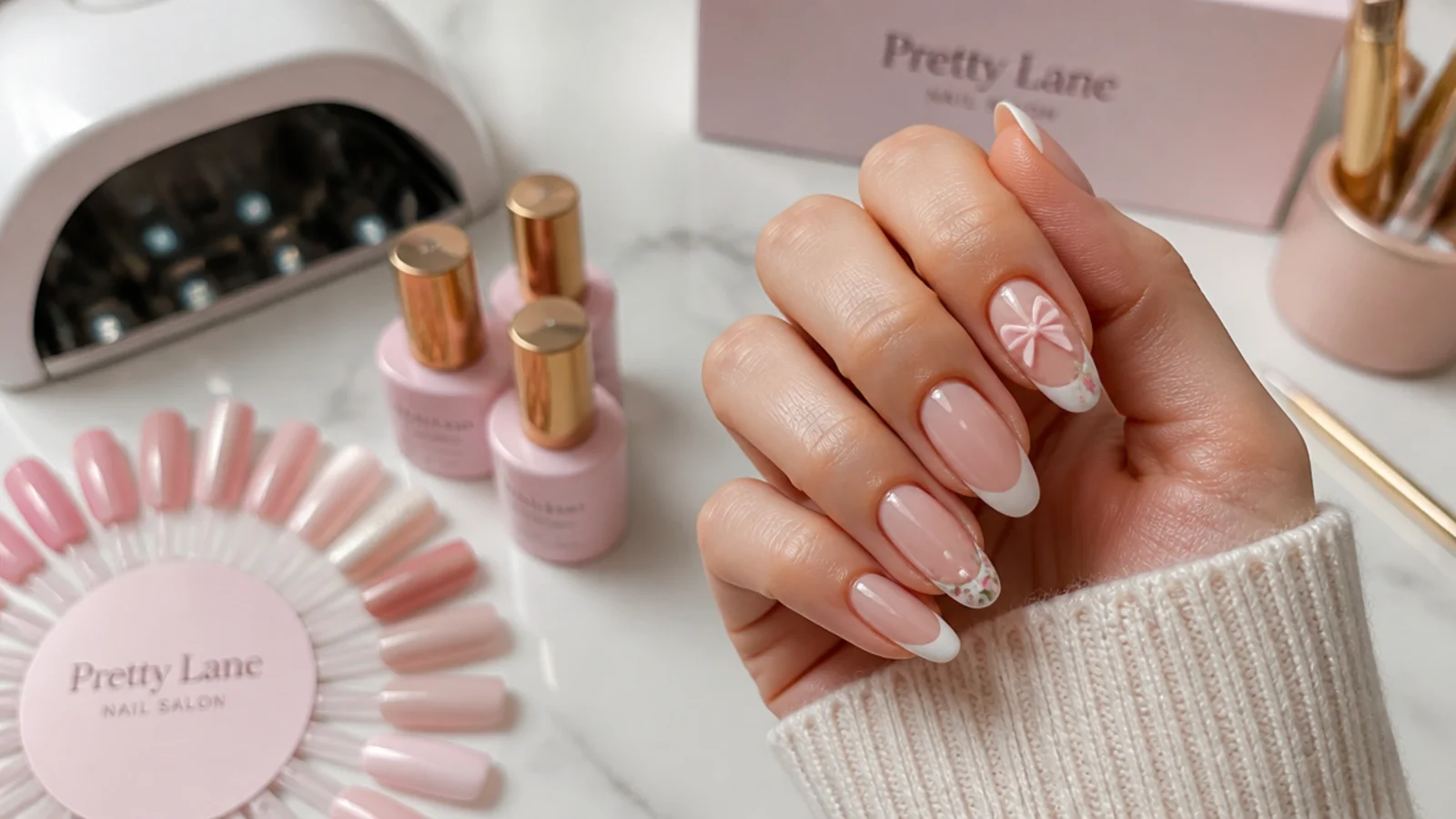 Nail salon table with pink gel bottles, a curing lamp and a soft pink swatch wheel