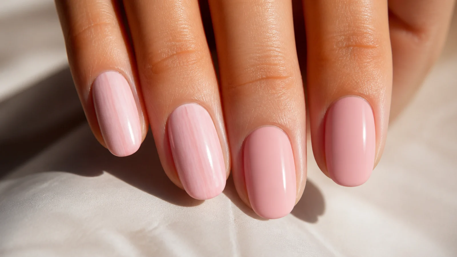 Close up comparison of streaky pale pink polish next to a smooth evenly applied pink manicure