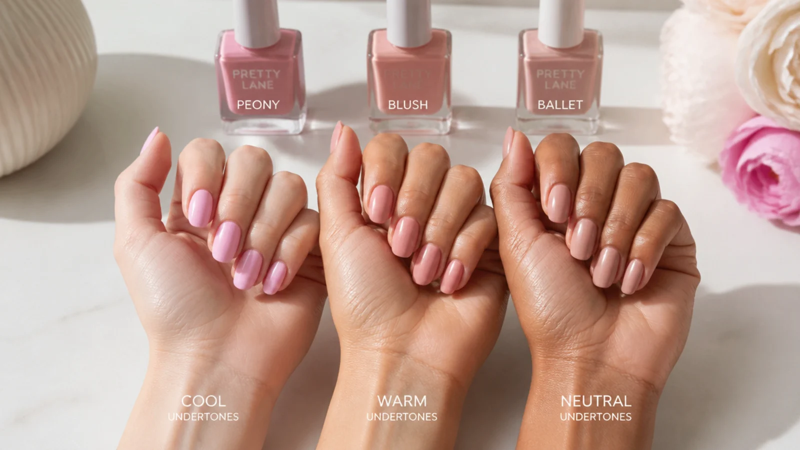 Three wrists showing cool, warm and neutral undertones next to matching pink polish bottles