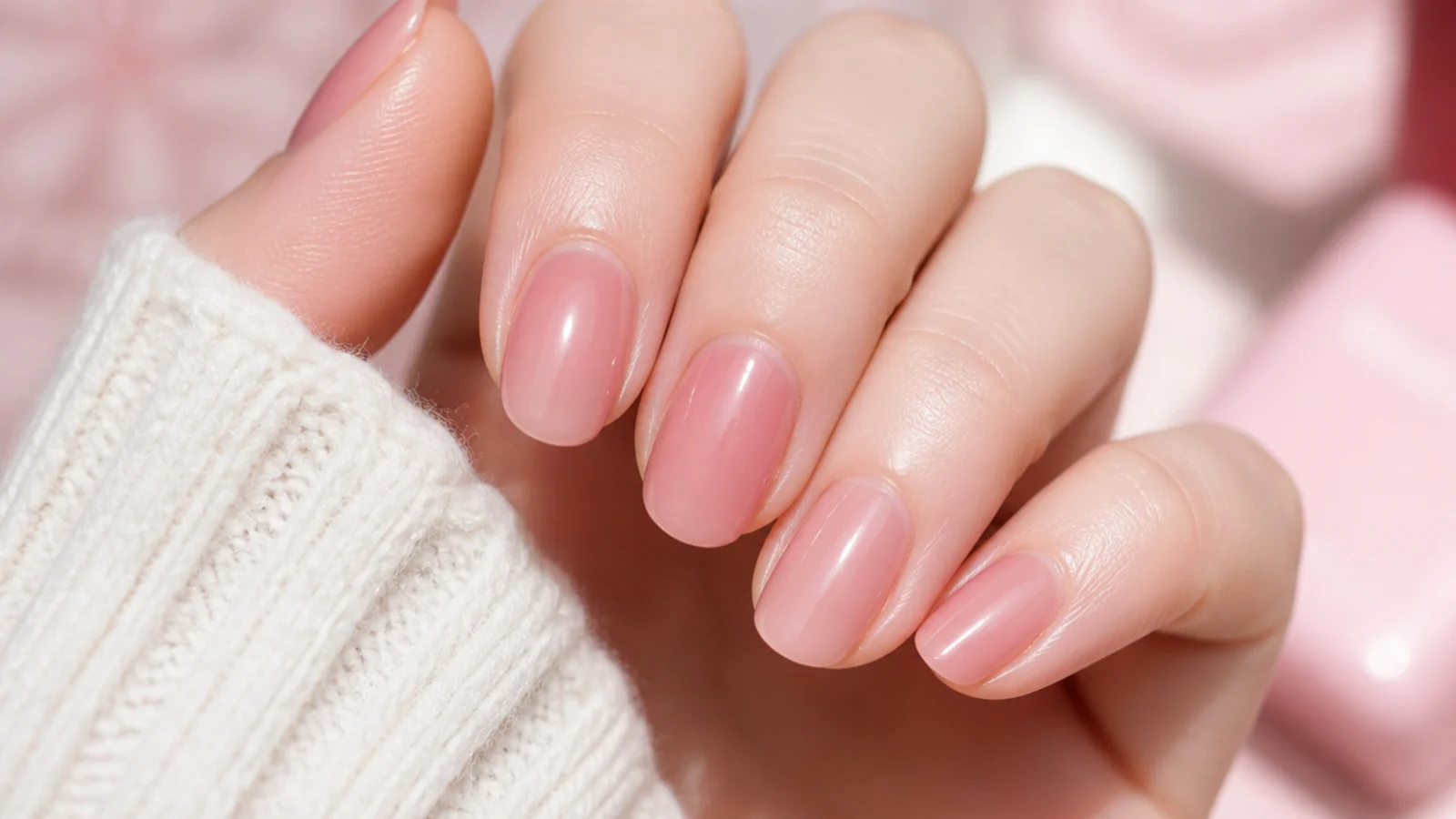 Close up of a strawberry milk manicure showing the layered milky pink jelly depth on an oval nail