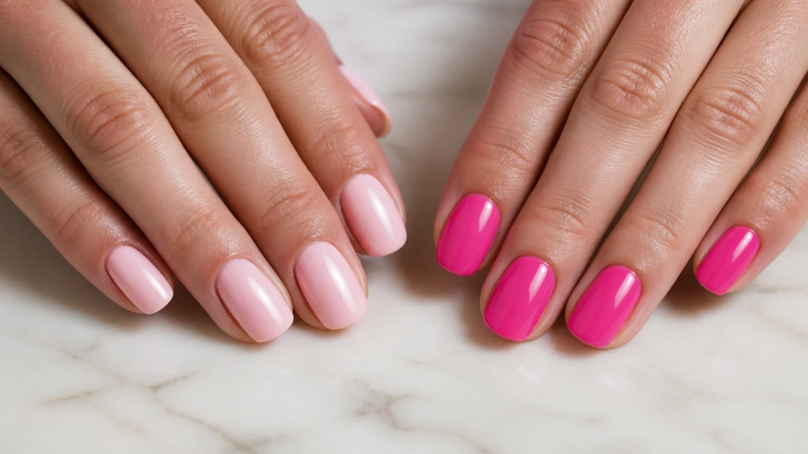 Two hands compared side by side, one in milky soft pink and one in bright opaque Barbie pink