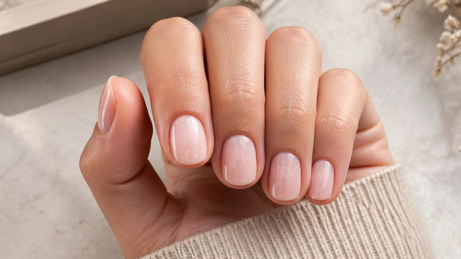 Short round nails in sheer milky pink with a soft cloudy finish and glossy top coat