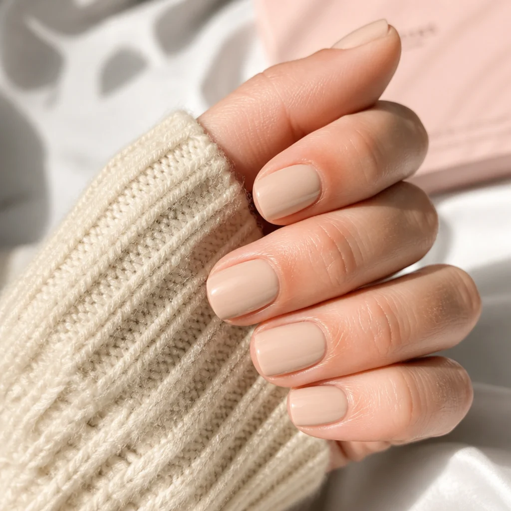 Classy short square nails in warm beige nude with softened corners and a clean cuticle line