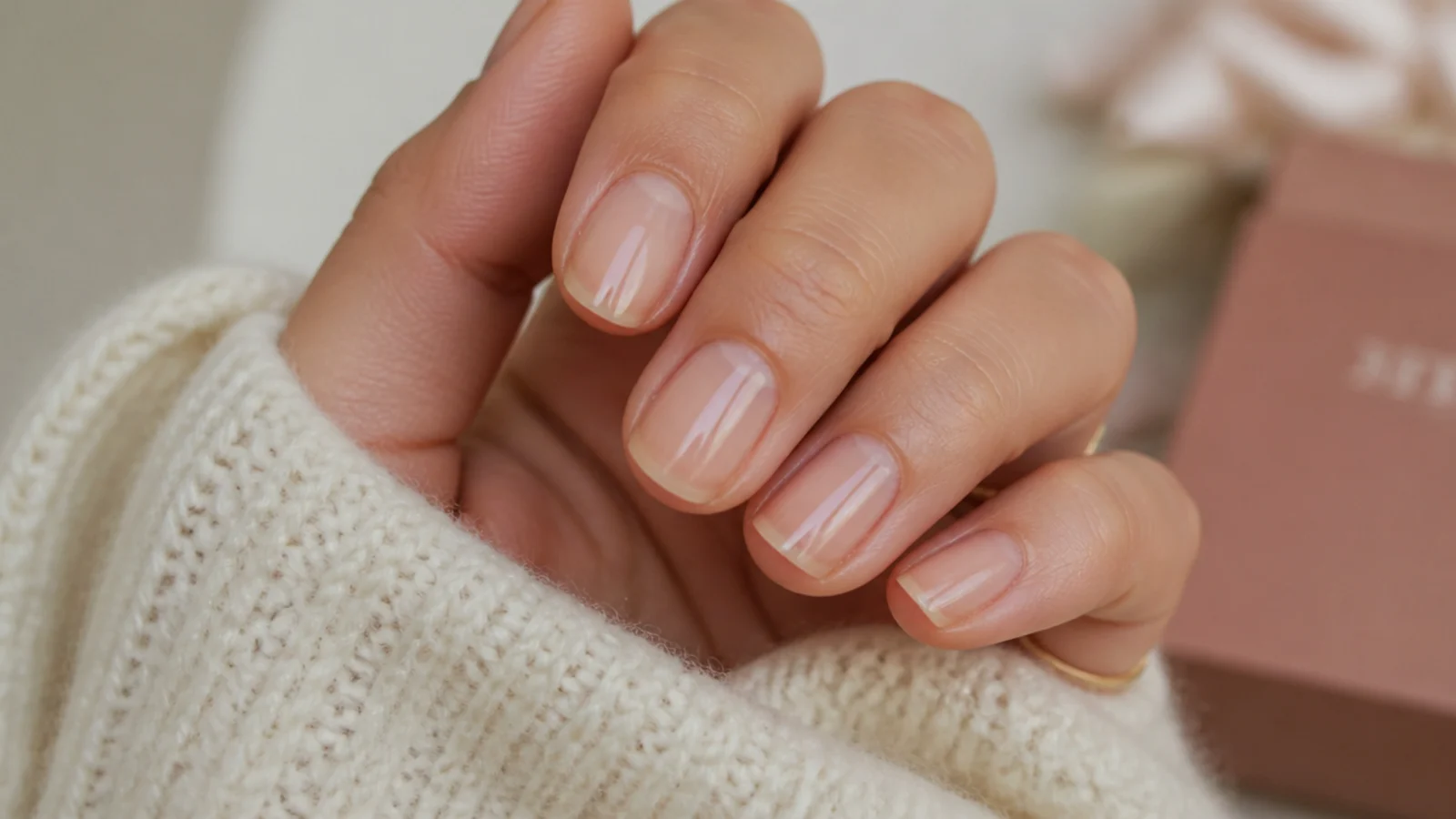 Short soap nails with a translucent glassy sheen over the natural nail and no visible color