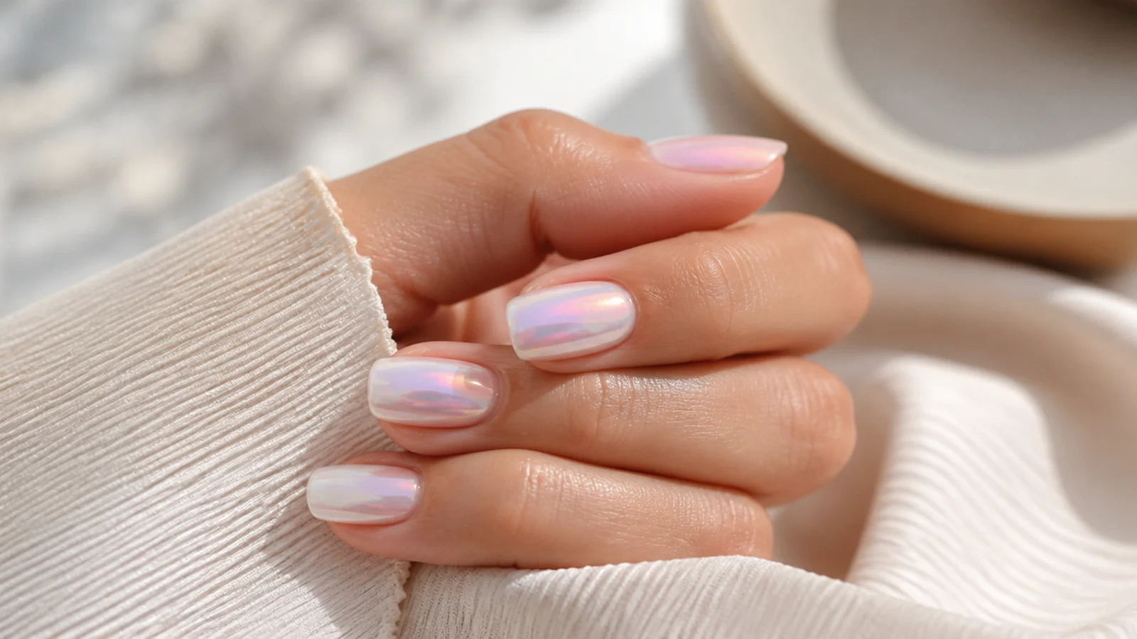Short nails with an iridescent pearl chrome glaze shifting pink and blue over a milky base
