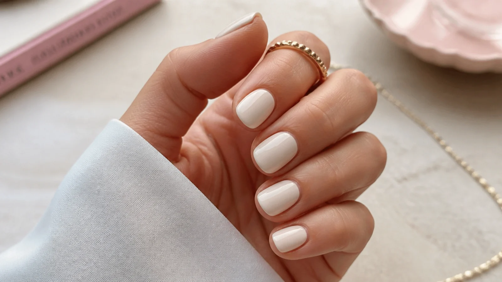 Short round nails in warm bone white with a soft opaque finish and rounded free edge