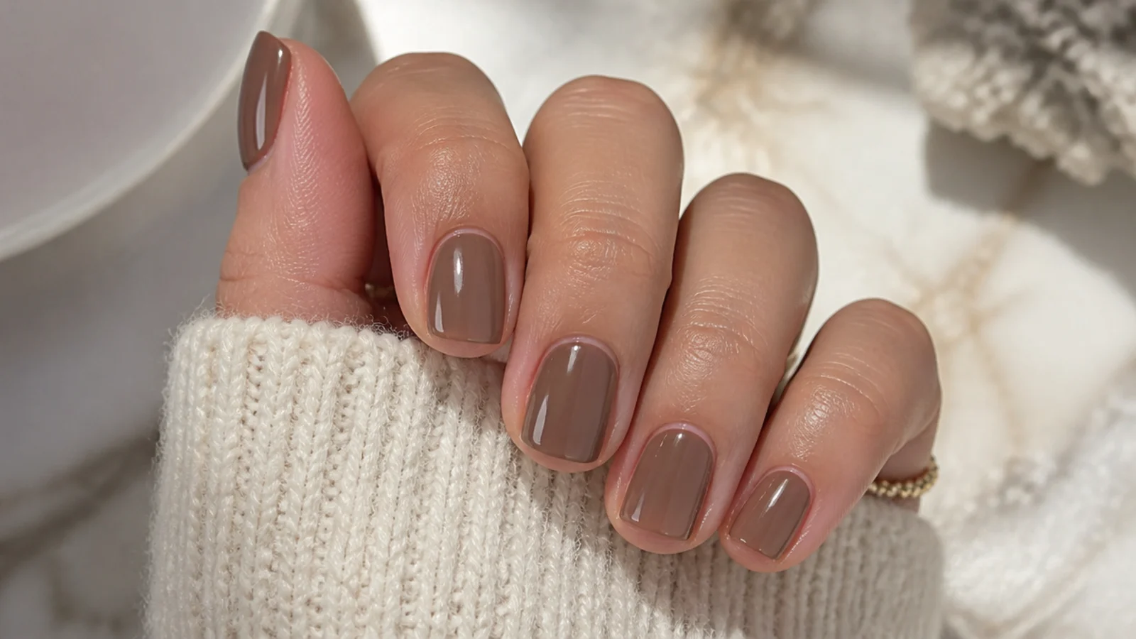 Short squoval nails in creamy mocha brown with a warm coffee tone and high gloss