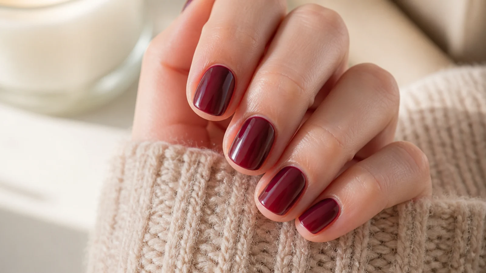 Short round nails in deep burgundy wine red with a rich glossy finish