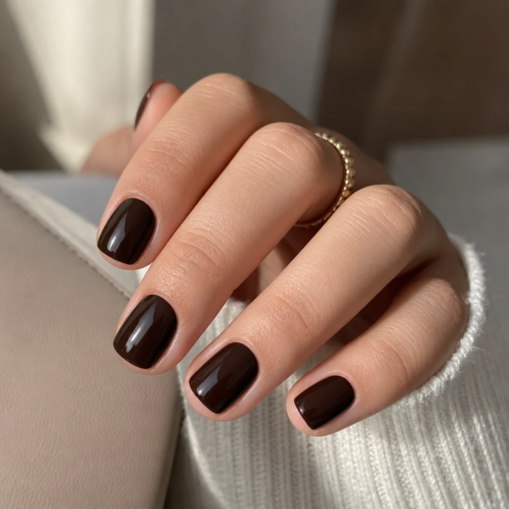 Short square nails in near-black espresso brown with softened corners and glossy depth