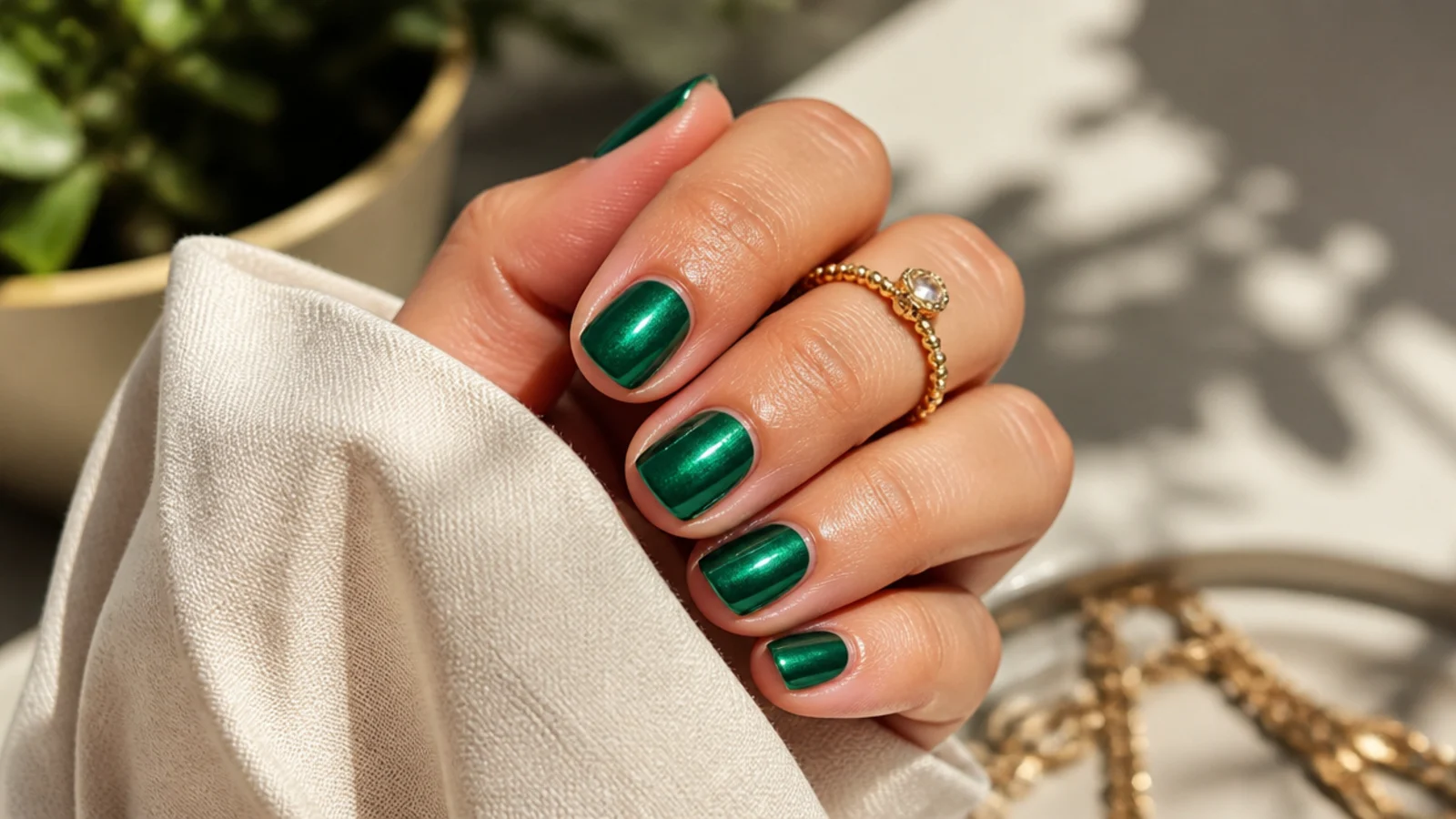 Short nails in deep emerald green with a jewel-toned shimmer and mirror gloss
