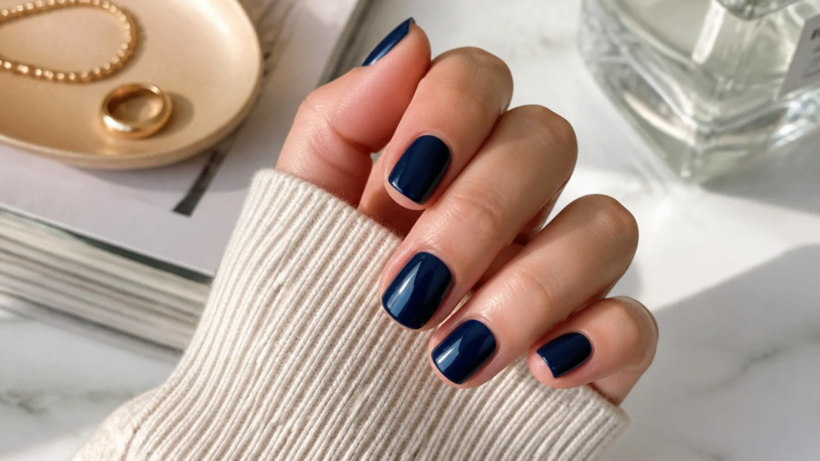 Short squoval nails in deep navy blue with a flat tip and even glossy coverage