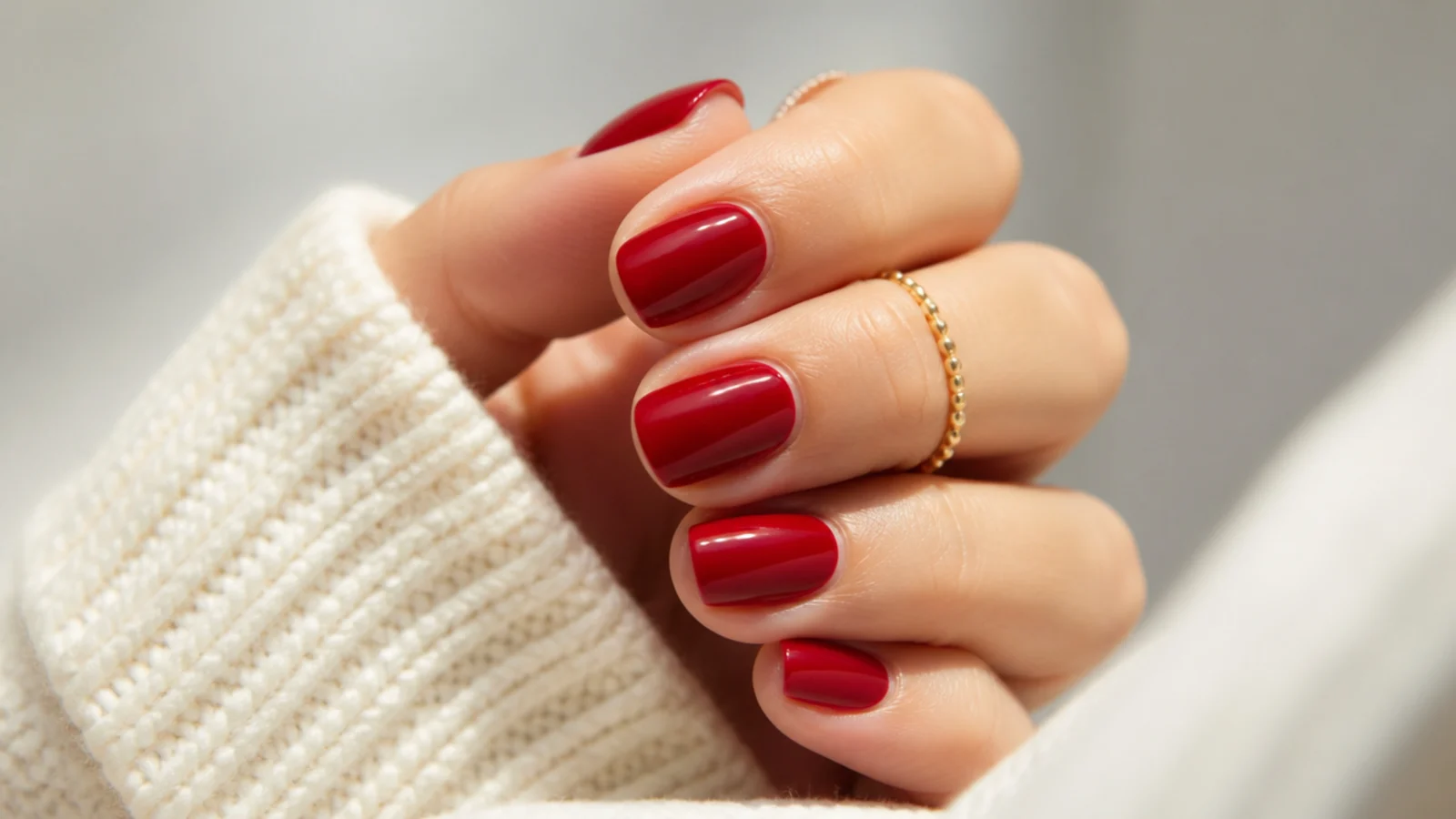 Short round nails in glossy blue-based cherry red with high shine and a clean cuticle margin
