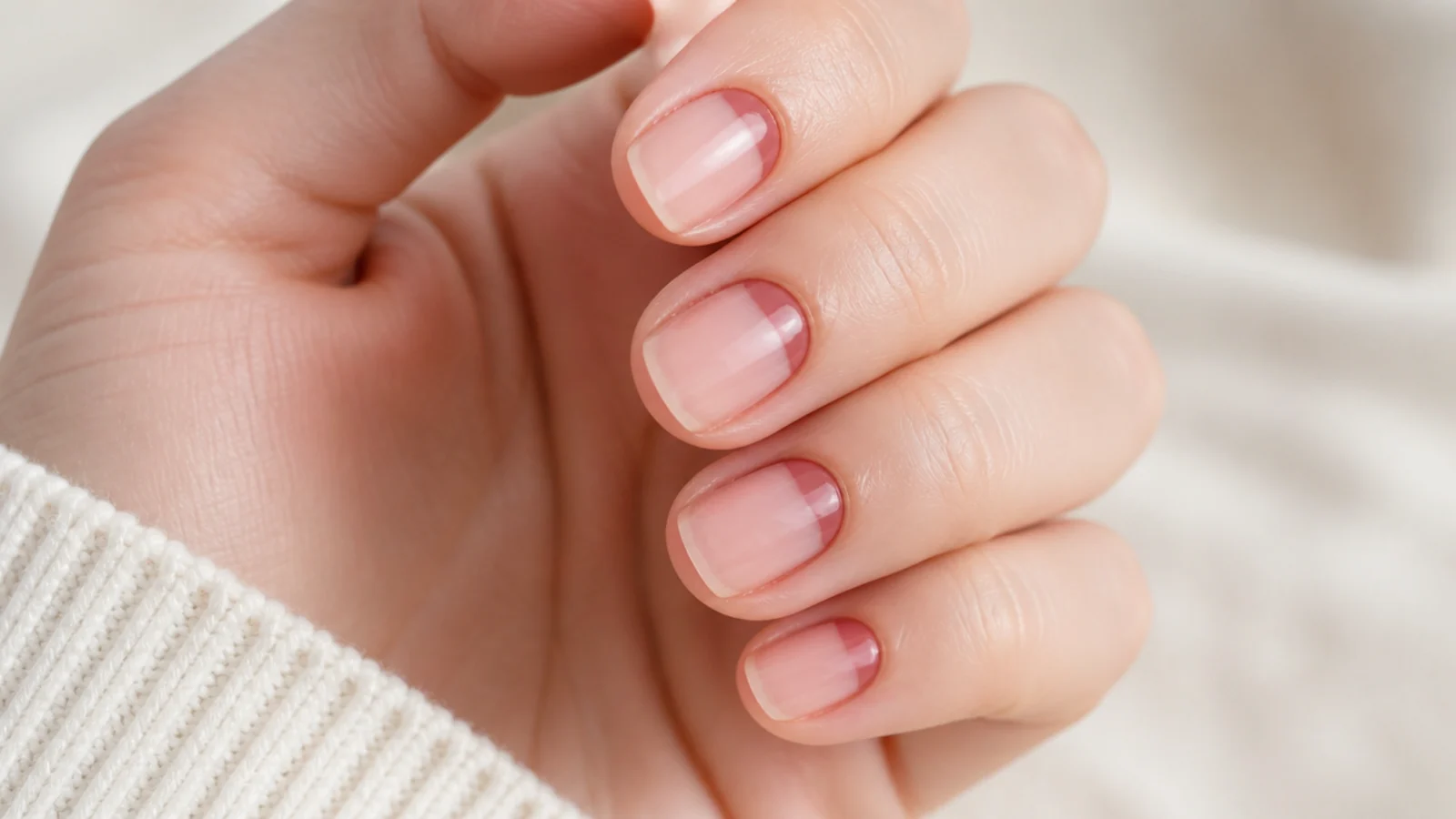 Short nails with a reverse French curve of color at the cuticle over a bare nail plate