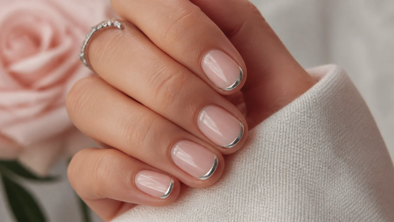Short nails with a silver chrome hairline French tip on a sheer nude base