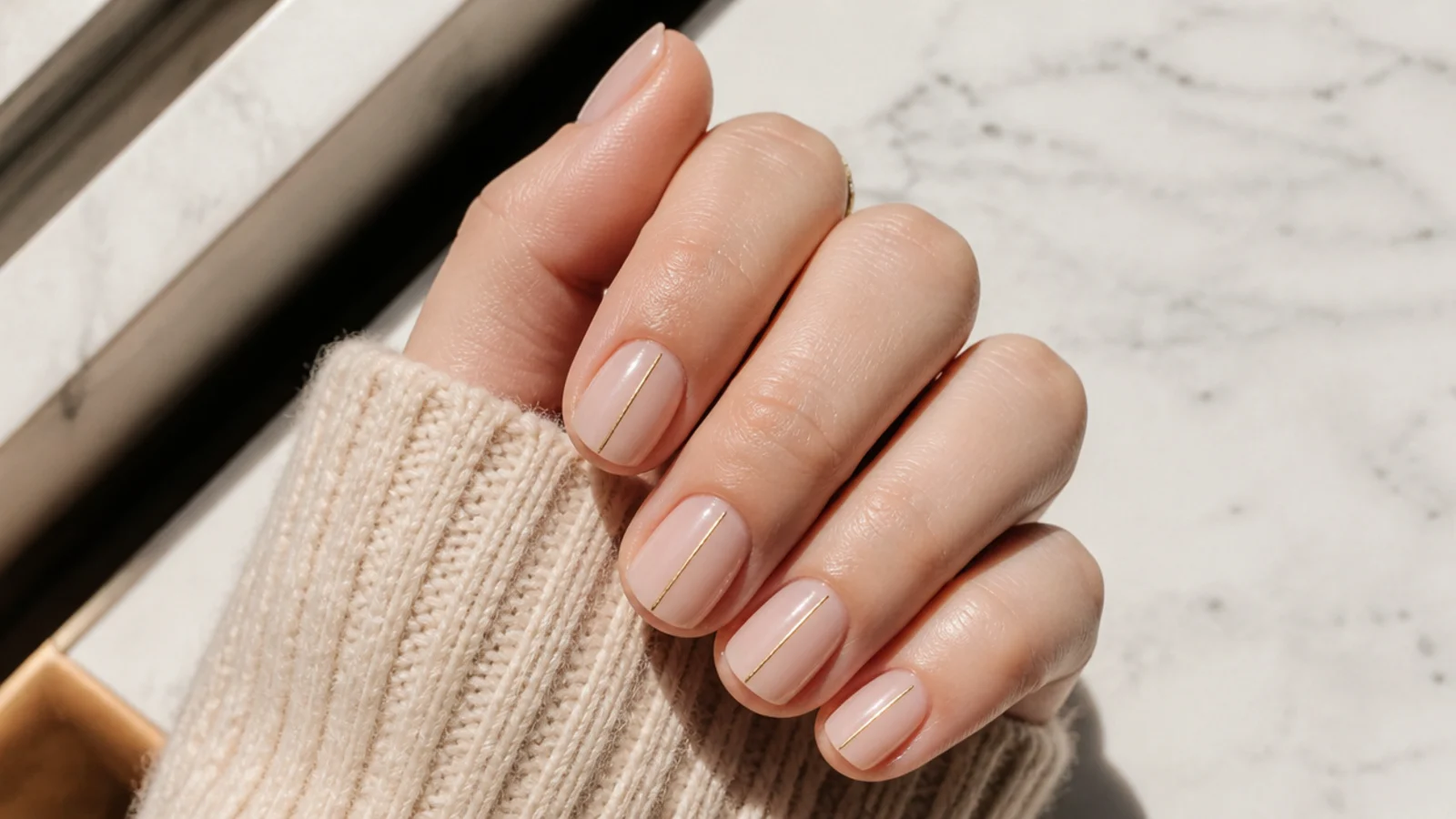 Short nude nails each with one thin vertical gold pinstripe running down the center