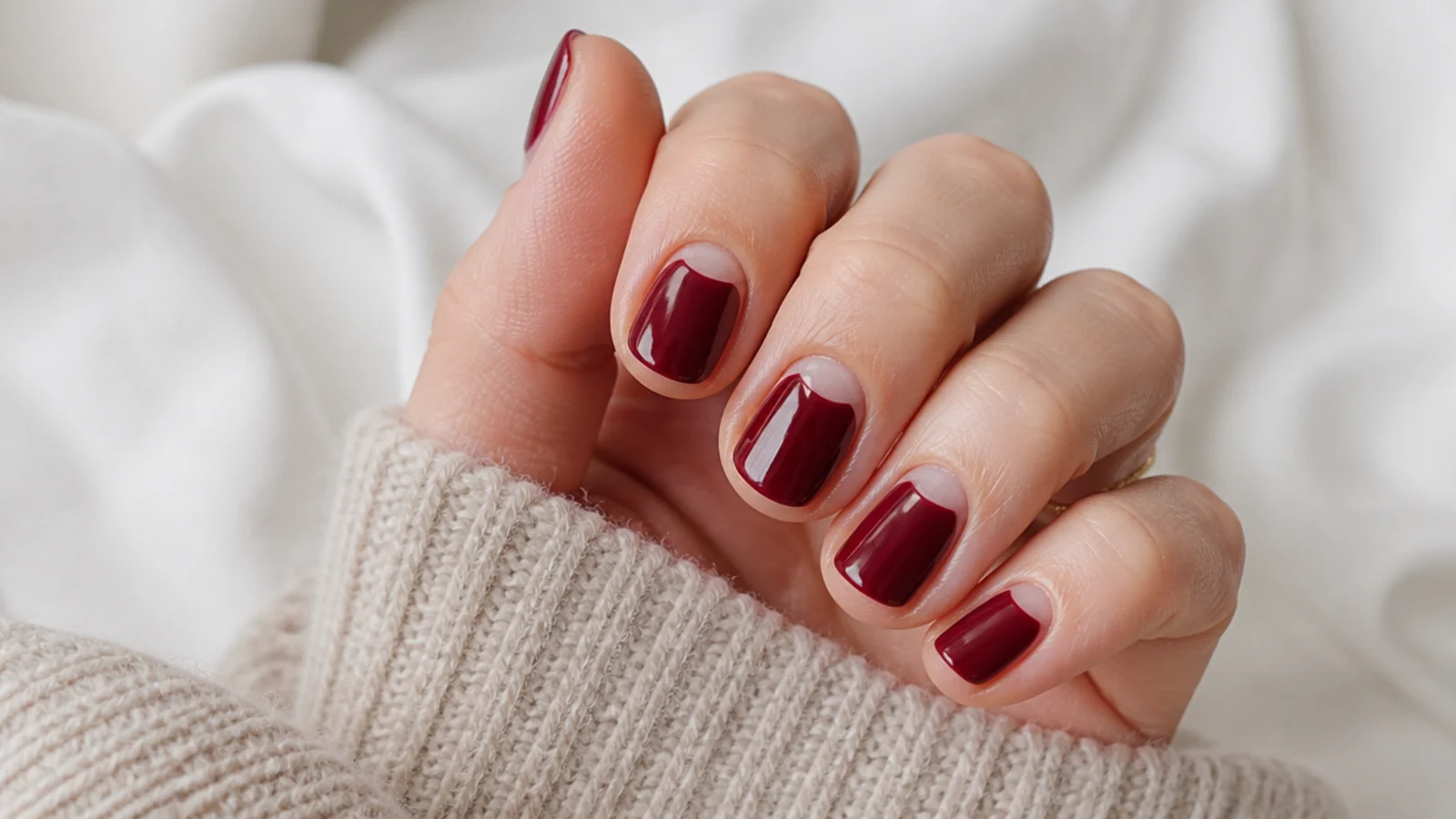 Short nails with a bare half moon at the cuticle under an opaque burgundy body