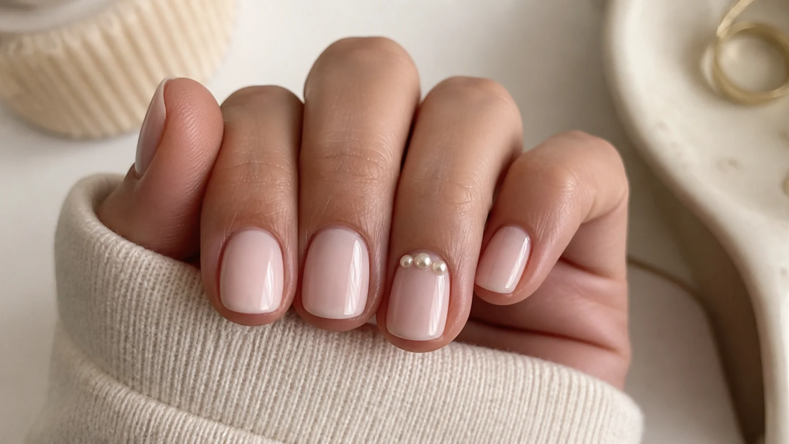 Short milky nails with three tiny flat-back pearls placed at the cuticle of one accent nail
