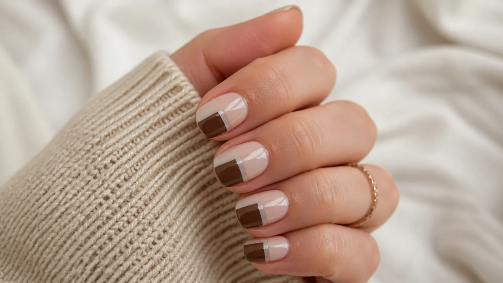 Short nails with a bare negative space stripe dividing a milky base from a chocolate brown block