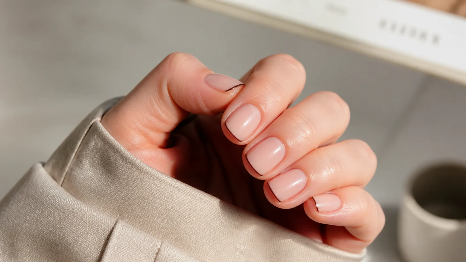 Short nails with a thin dark outline traced around the free edge over a sheer nude base