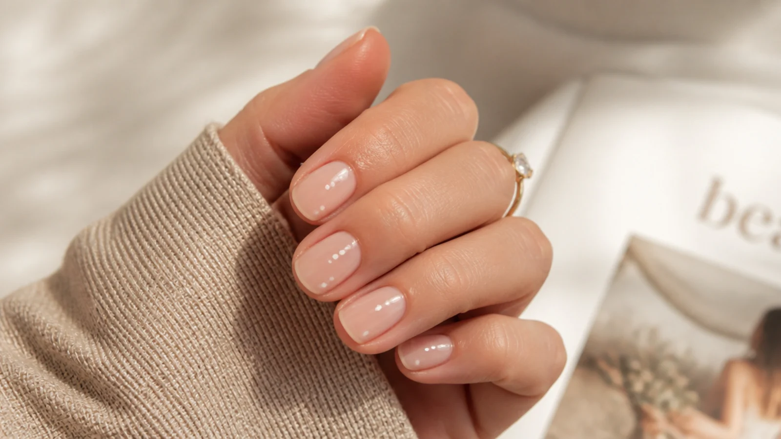 Short nails in sheer nude with three tiny white micro dots clustered near the cuticle
