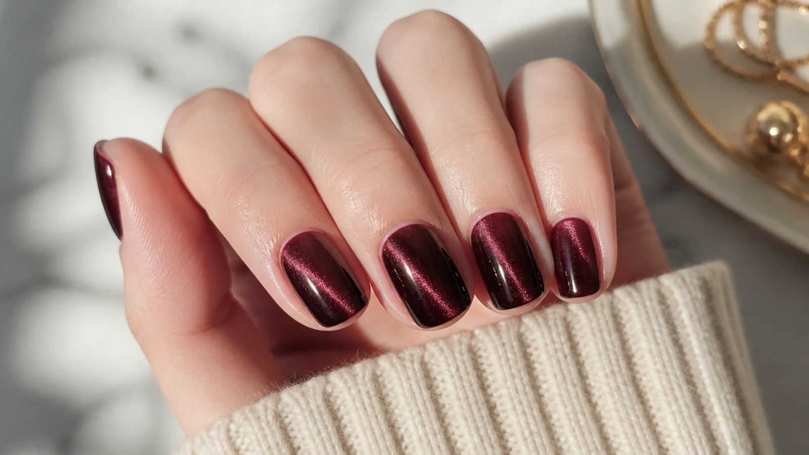 Short nails in burgundy velvet cat eye gel with a soft magnetic light band down the center