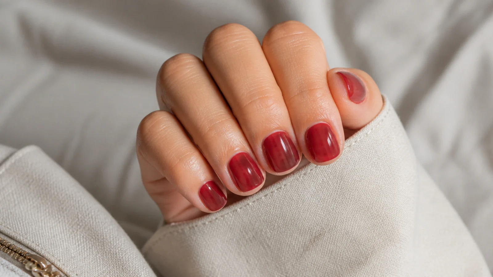 Short nails in translucent cherry jelly gel showing the natural nail through the tinted overlay