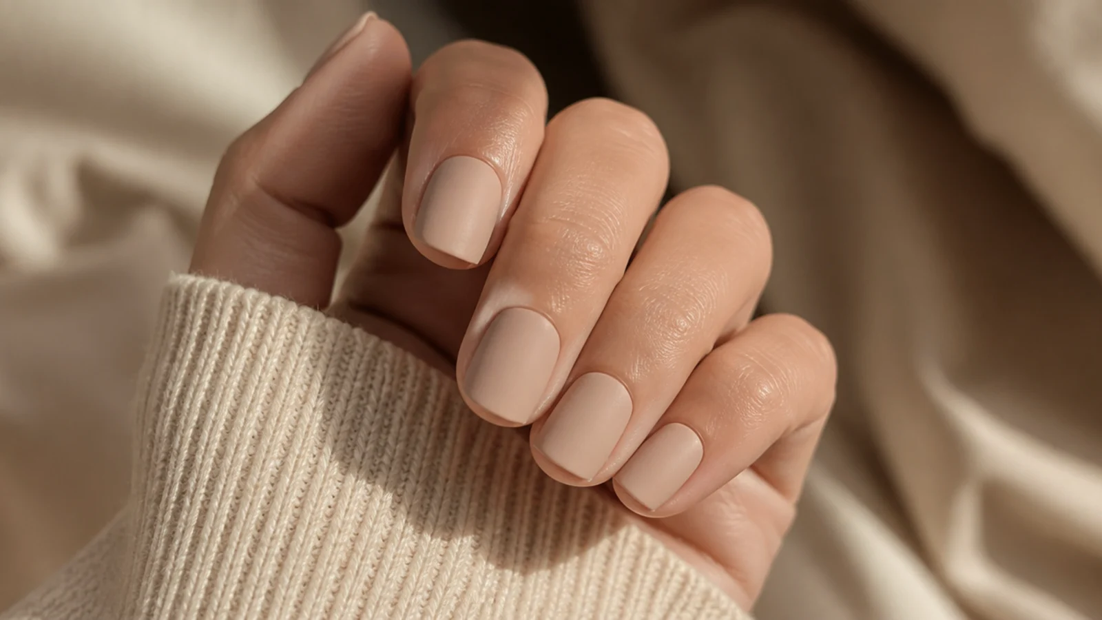 Short nails in matte beige nude with a flat suede finish and no shine